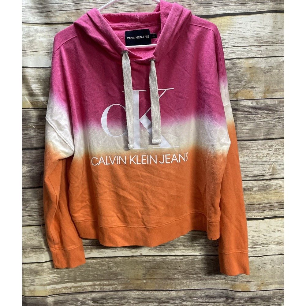 Calvin Klein Long Sleeve Crop Hoodie Sweatshirt Women's Large Logo Pink